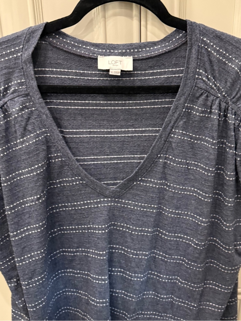 LOFT Navy Blue V-Neck Short Sleeve Tee with White Dotted Stripes